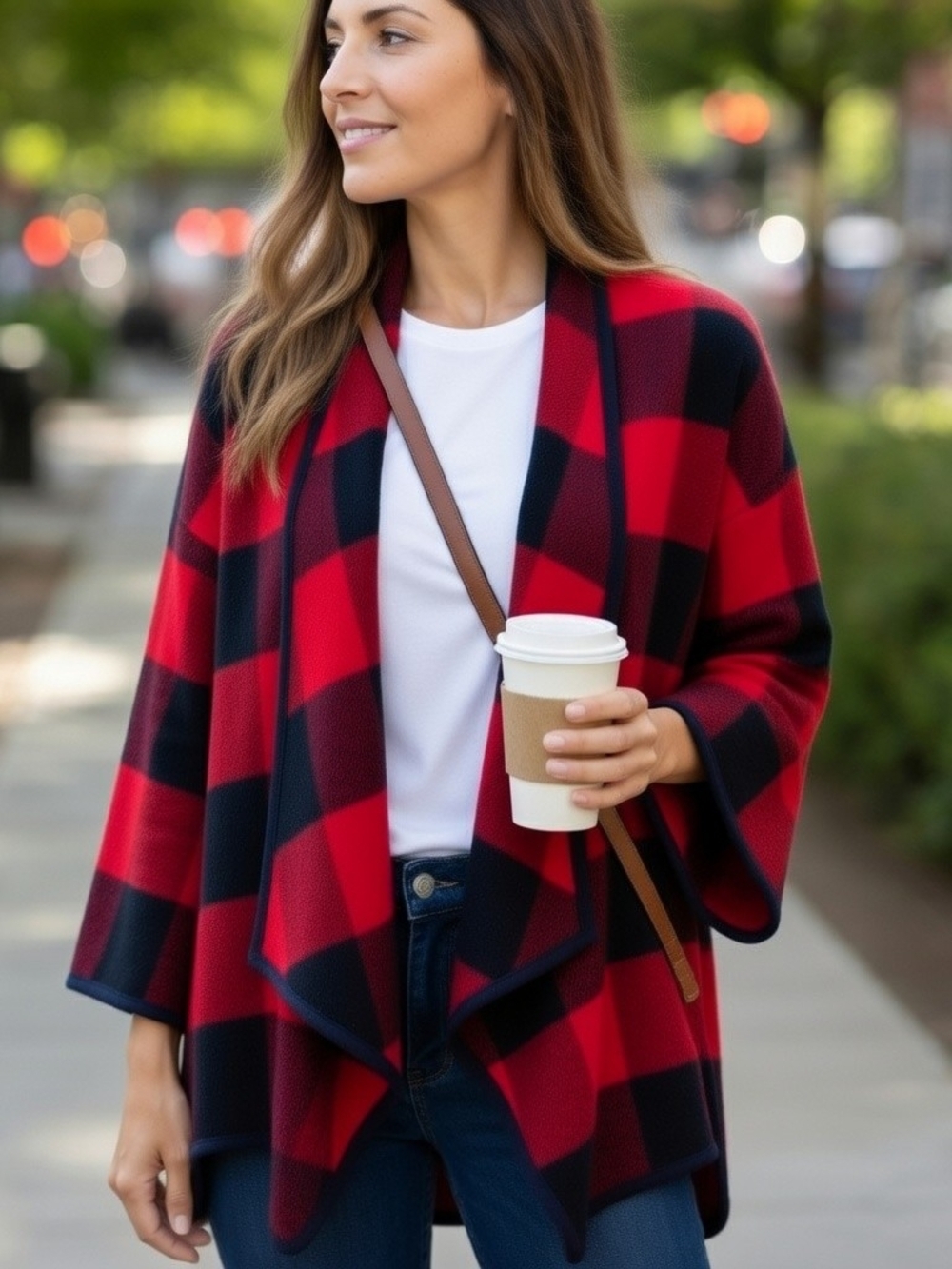 Natural Reflections Red Buffalo Plaid Open-Front Waterfall Cardigan Shacket XL